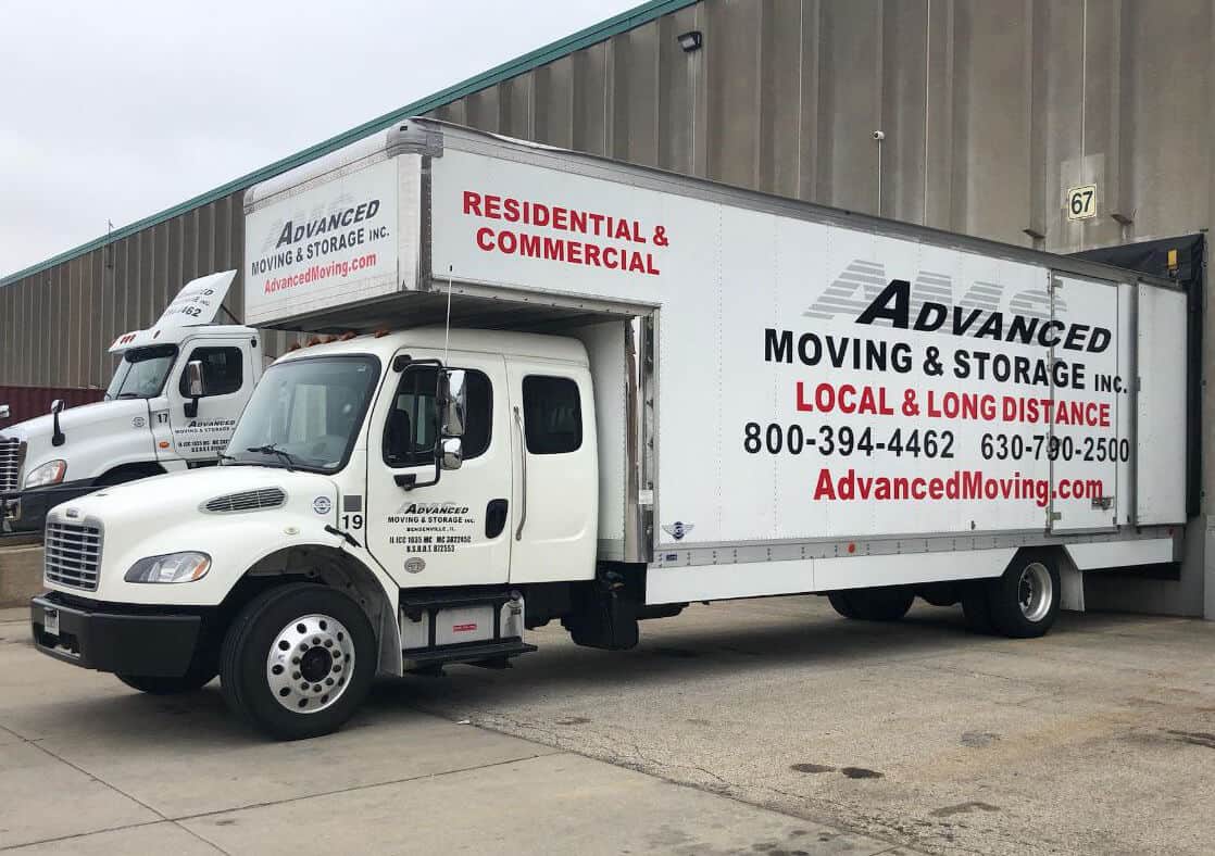 Moving truck with company branding for Advanced Moving & Storage, specializing in residential and co.