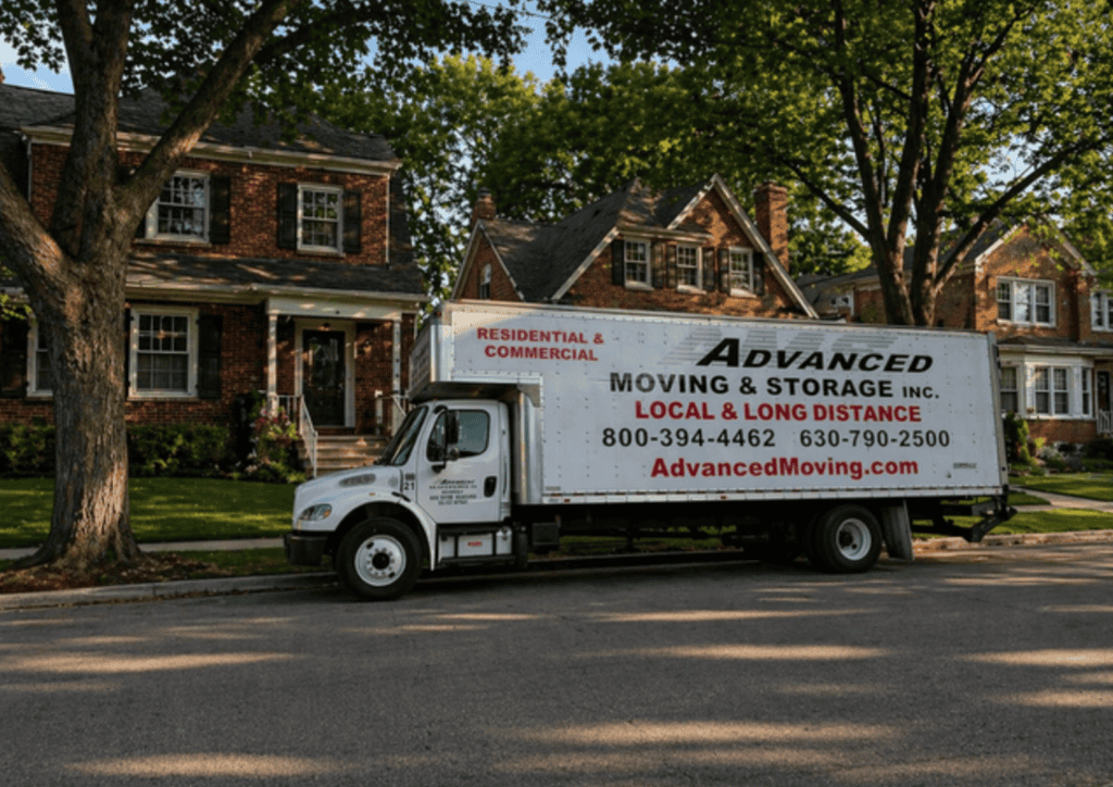 moving & storage truck in residential neighborhood