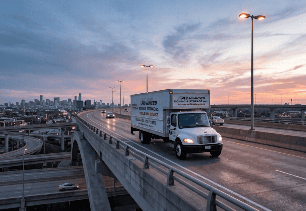 moving & storage truck on bridge at sunset